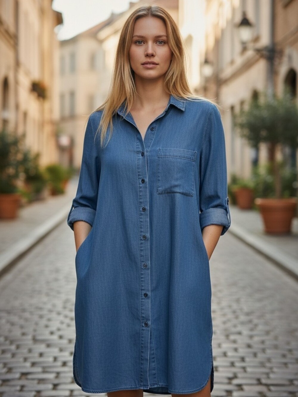 ​COS Denim Blue Chambray Button Down Shirt Dress 100% Cotton Size 12